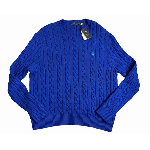 Polo Ralph Lauren XXL ROYAL BLUE CABLE Knit Crew-Neck Sweater GREEN PONY NEW - Picture 2 of 11